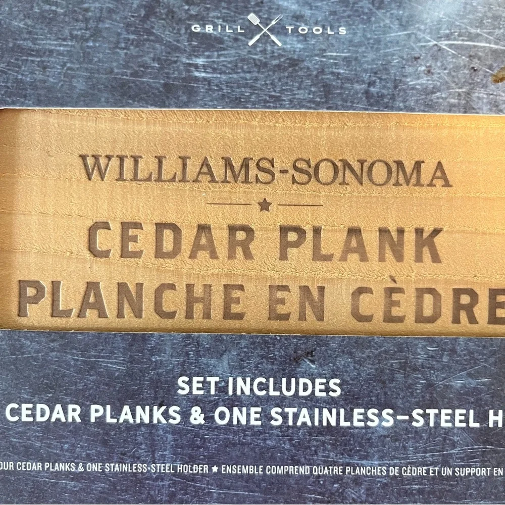 Williams-Sonoma 4 Cedar Plank Grill tools with Stainless Steel holder
